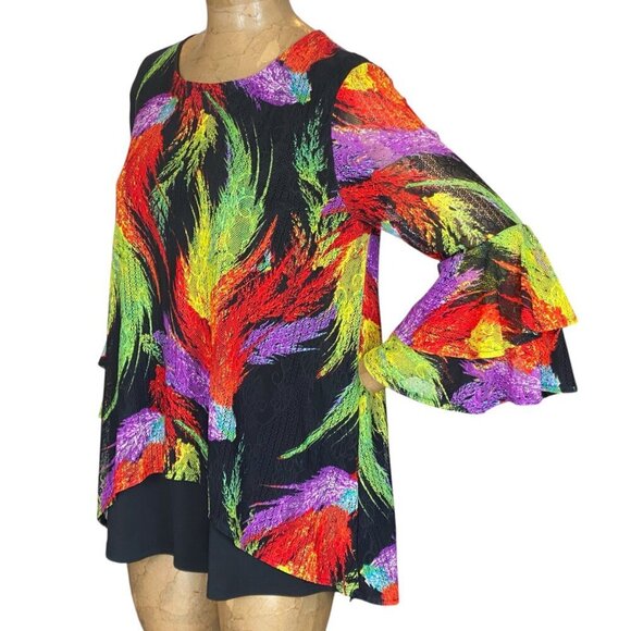 Calessa Colorful BOHO Layered Top Bell Ruffle Sleeve Sz L Feather Print #342D - Picture 4 of 8